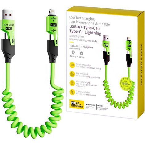 Ce câble de charge spiralé 4 en 1 offre une charge ultra-rapide, une conception multiport et une compatibilité avec les appareils Apple et les chargeurs de voiture. (1/5)