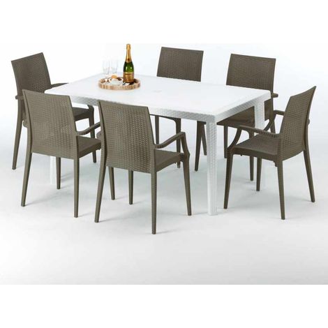 Tavolo Rettangolare Bianco 150x90 cm con 6 Sedie Colorate Bistrot Arm Summerlife - Marrone