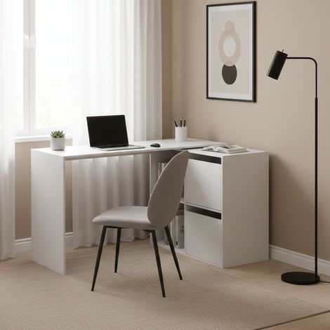 Dmora - Escritorio Divkovi, Escritorio modular con balda, Mesa de estudio u oficina de varias posiciones con montaje en esquina, 152x49h74 cm, Blanco (1/5)