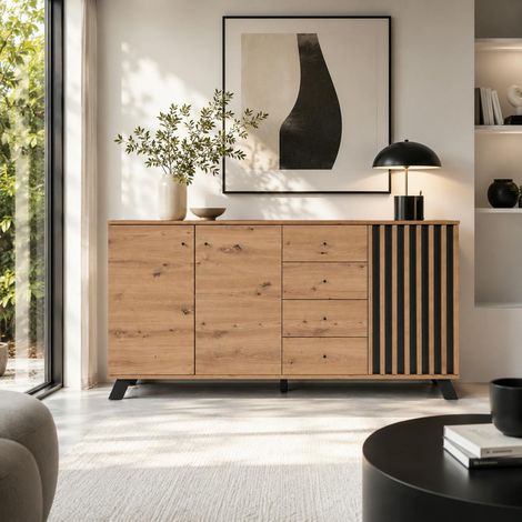 Buffet long moderne 1 porte noire rainurée 160 cm ALVA (1/5)