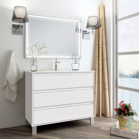 Meuble de salle de bain simple vasque - 3 tiroirs - blanc - IRIS 3C et miroir Led VELDI - 80cm (1/5)