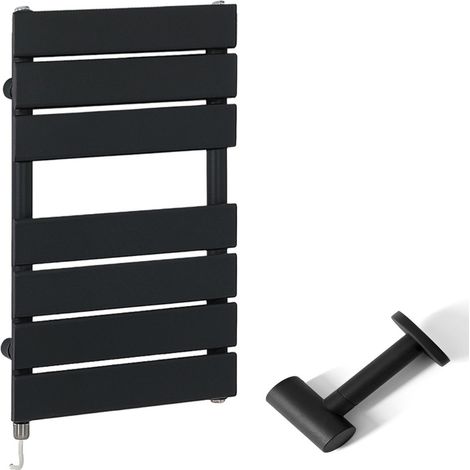 Milano Lustro Electric Black Flat Panel Heated Towel Rail Radiator with Simple Heating Element and Cable Cover - 600mm x 400mm (1/5)