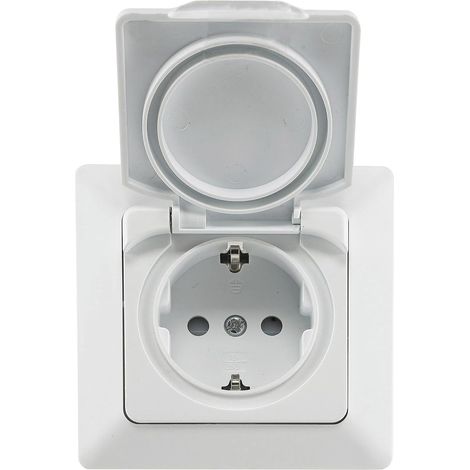 Prise pour pièces humides encastrée IP44 avec clapet de protection intérieur et extérieur - Joint en silicone - 250 V/16 A - Blanc (1/5)