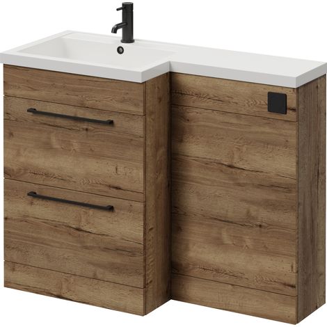 Napoli 460 Tobacco Oak 1100mm 2 Drawer Vanity Unit Toilet Suite with Left Hand Square Lucia Basin - 1100mm - Matt Black 320mm HandleWithout Kingston Toilet Pan