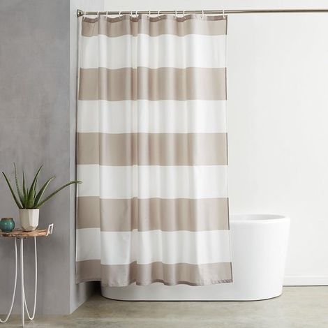 Cortina de ducha - 180x180 cm, rayas beige, impermeable, resistente al moho, con ojales y ganchos, lavable a máquina. (1/5)