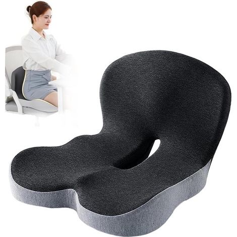 Cuscino per schienale di sedia da ufficio a forma di L in memory foam, supporto lombare ergonomico per parte bassa della schiena e coccige, nero e grigio. (1/4)