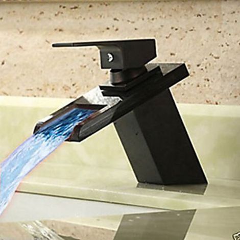 Mitigeur de lavabo noir antique à une seule manette – Changement de couleur LED – Bec cascade – Économie d'eau intégrée – Lookshop (1/4)