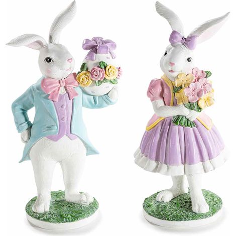 Coppia di conigli di Pasqua in resina colorata con abiti eleganti e decori floreali, set da 2 pezzi, cm 11,5 x 8 x 22,5 H