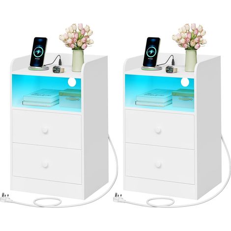 WOLTU 2x Bedside Table,3-tier Nightstand,LED Bedside Cabinet,Side Cabinet for Bedroom Living Room, White (1/5)