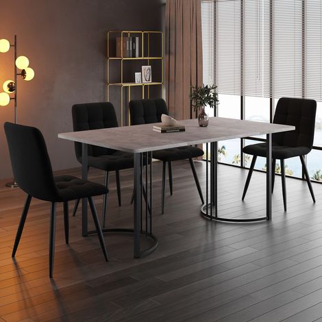 Set de table à manger 140x80 cm avec 4 chaises, table de cuisine moderne avec pieds en métal noir, plateau mdf gris, chaises en velours noir (1/5)