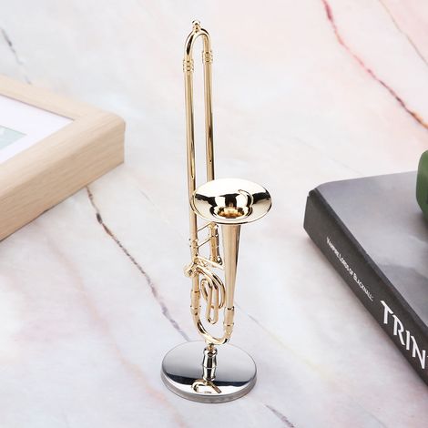 Réplique miniature de trombone avec support et étui, modèle d'instrument plaqué or, ornement musical (1/5)