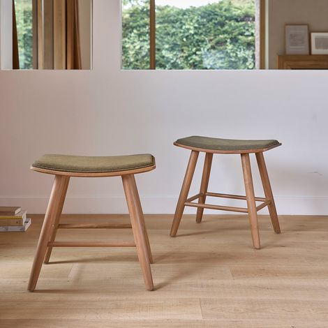 Lot de 2 tabourets en teck massif assise velours côtelé 45 cm (1/5)