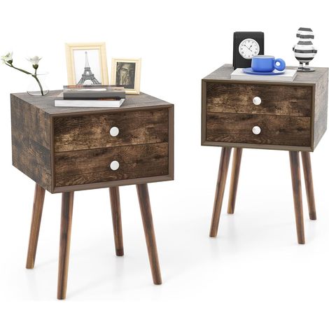 COSTWAY Nachttisch mit 2 Schubladen, Nachtschrank für Boxspringbett, Beistelltisch aus Holz, Nachtkonsole Nachtkommode für Wohnzimmer, Schlafzimmer, 40 x 40 x 59,5 cm (Rustikales Braun) (1/5)