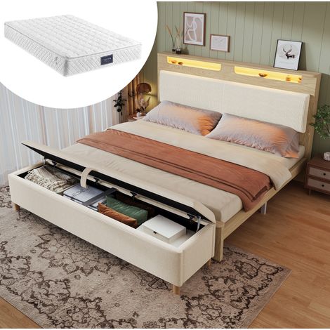 Cama 160x200 con colchón, LED, cabecero con almacenaje y banco arcón HAVRYA (1/5)
