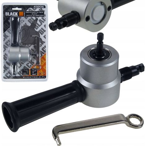 Adapterkopf für Blechschere mit schwarzer Bohrmaschine