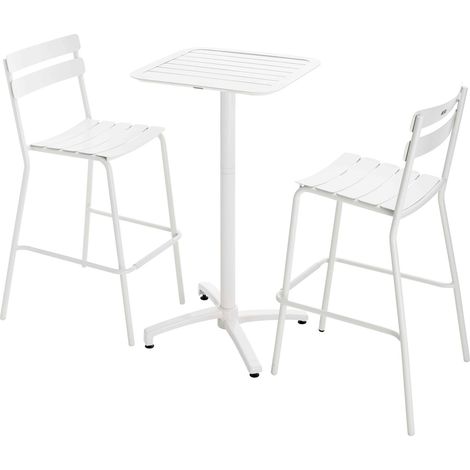 Ensemble table haute de terrasse et 2 chaises en aluminium blanc