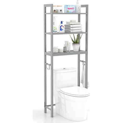 COSTWAY Toilettenregal 170cm, WC Regal mit 3 ablagen, Regal für Waschmaschine Metall, inkl. 3 Haken, mit höhenverstellbarer Querstange Grau