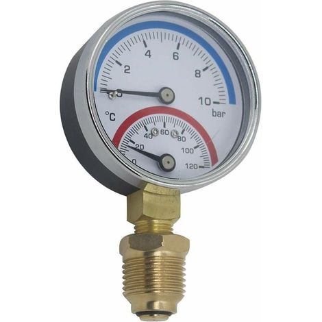 Reno – Manómetro de presión para calefacción central de 80 mm – Presión máxima: 0-16 bar – Rosca de 1/4" – Rango de temperatura: 0-120 °C – Termomanómetro radial (1/2)