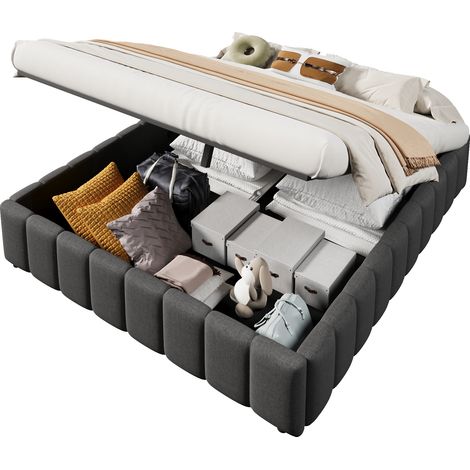 Lit coffre 140x200 cm avec rangement hydraulique, sans tête de lit, sans matelas, tissu gris, design minimaliste pour chambre moderne - CHICFURN (1/5)
