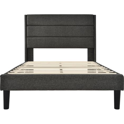 Gepolstertes Bett 90 x 200 cm grau mit Bettgestell, Lattenrost und Kopfteil, Leinenbezug (1/5)