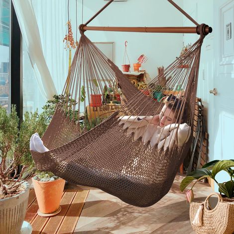 Siège Suspendu Chaise avec Barre en Métal Amovible, Grande Hamac Chaise Pivotante, Chaise Suspendue en Corde XL pour Extérieur Et Intérieur, Capacité de 150 Kg, Marron (1/5)
