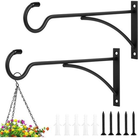 Deux crochets muraux robustes pour une utilisation intérieure et extérieure. Supports métalliques pour suspensions de paniers, de plantes et de lanternes. (1/5)