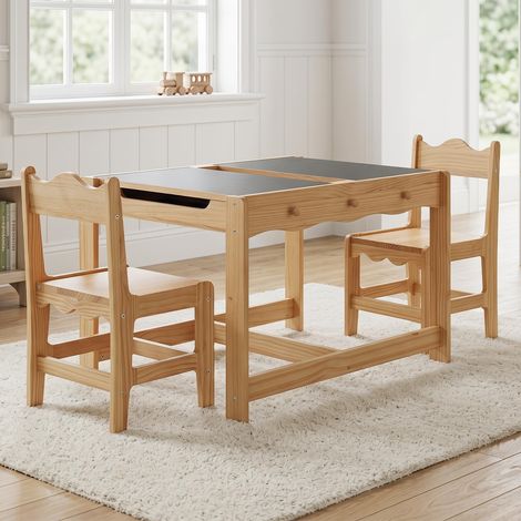 Wahson 3-in-1 Kids Table and 2 Chairs Set, Reversible Double-Sided Tabletop with Chalkboard, Large Hidden Storage, Side Hooks and Rounded Corners, Drawing and Learning Activity Table, Natural Wood (1/5)
