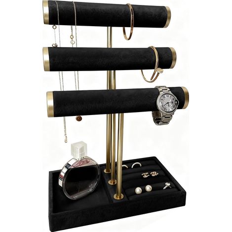 Three-tier removable jewelry display stand in velvet and metal, with storage area for rings, necklaces, earrings, bracelets, and bracelets (black) (1/5)