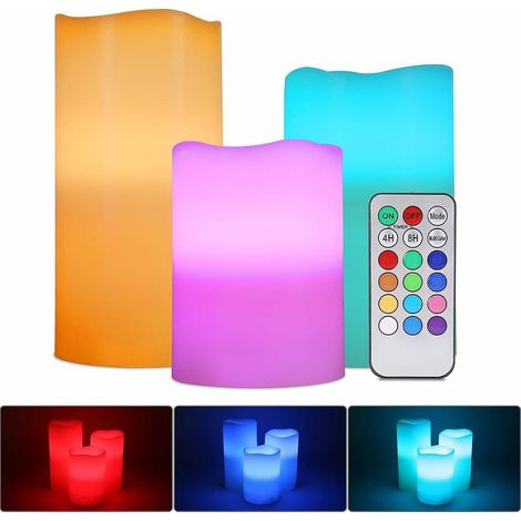 Lampe Bougie LED RGB, 3 pcs Multicolore Véritable sans Flamme Lumière de Thé Bougie LED à Piles avec Télécommande Minuterie pour Décoration Intérieure Extérieure Mariage Noël [Classe énergéti (1/5)