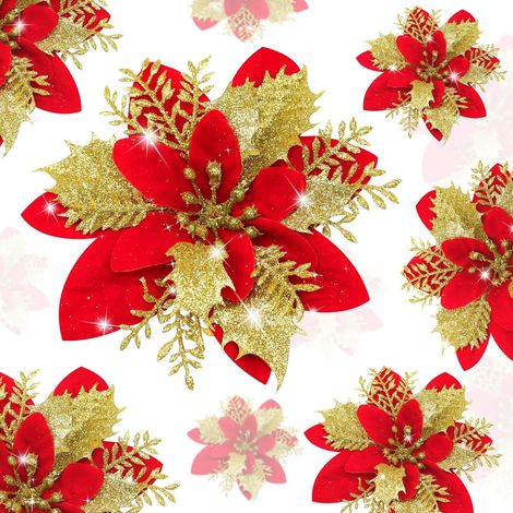 Weihnachtssterne, 10 Stück rot+gold glitzernde Weihnachtsblumen, künstliche Weihnachtsblumen mit 10 Clips für Weihnachten, Hochzeit, Silvesterparty (14 cm) (1/5)