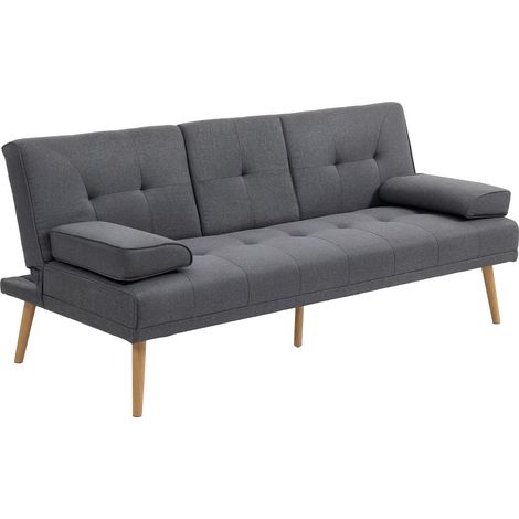 HOMCOM 3-Sitzer-Schlafsofa, gepolstertes Sofa mit 3-fach verstellbarer Rückenlehne, 2 Kissen und 2 integrierten Getränkehaltern, Leinenstoff, für Wohnzimmer, Gästezimmer, kleine Räume, Dunkelgrau