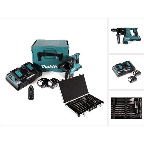 Martillo perforador a batería Makita DHR 281 PMJ 2x18V 2.8J sin escobillas SDS Plus + portabrocas de cambio rápido + 2x batería recargable 4.0 Ah + cargador doble + juego de 17 brocas y cinceles + Mak (1/5)