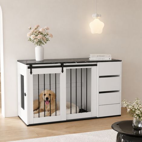 Modernluxe - Cage pour chien 2 en 1 avec meuble d'appoint - pour chiens petits et moyens - 140x60x87 cm - effet marbre - blanc (1/5)