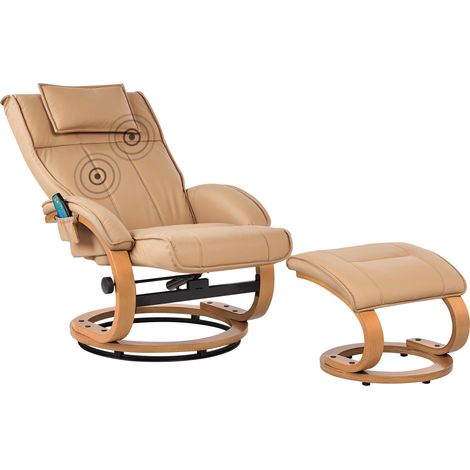 Sillón reclinable de piel sintética con reposapiés con calefacción y masaje marrón claro Majestic