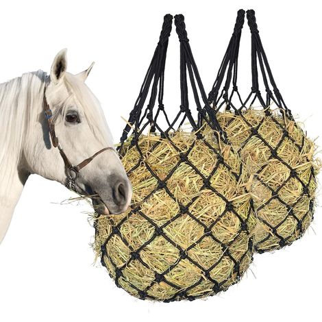 Lot de 2 filets à foin pour chevaux, sac à foin à distribution lente pour chevaux, chèvres et moutons, mangeoire à foin suspendue pour chevaux, jouet de repos pour écurie et enclos (1/5)