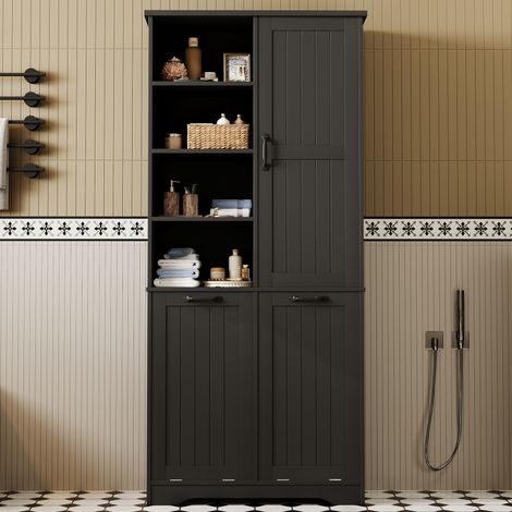 Mueble columna de baño 78 x 35 x 172.7 cm con 2 cestos para ropa sucia y estantes ajustables de mdf lacado moderno - negro