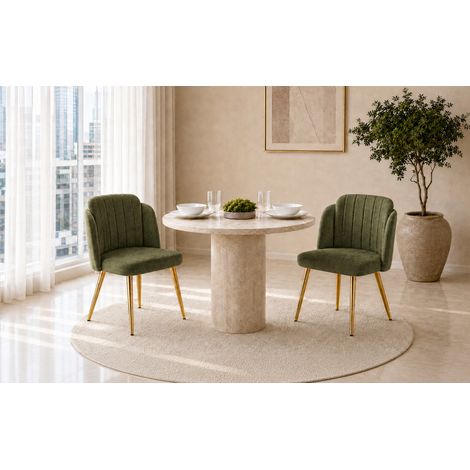 2 sillas de comedor tapizadas verdes con respaldo curvado y patas metálicas doradas (1/5)