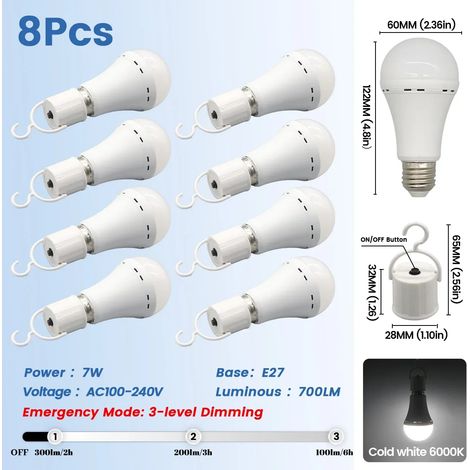 (8 ampoules, 7W) Ampoules LED rechargeables, E27, 1500mAh, pour une utilisation d'urgence, adaptées aux pannes de courant et au camping en plein air. (1/5)