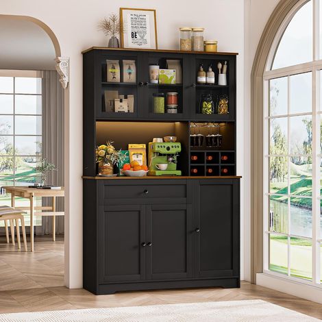 Küchenschrank mit Weinlagerungsfunktion, Kippschutz Design, 10 Lagerfächer, 100x40x180 cm, Schwarz