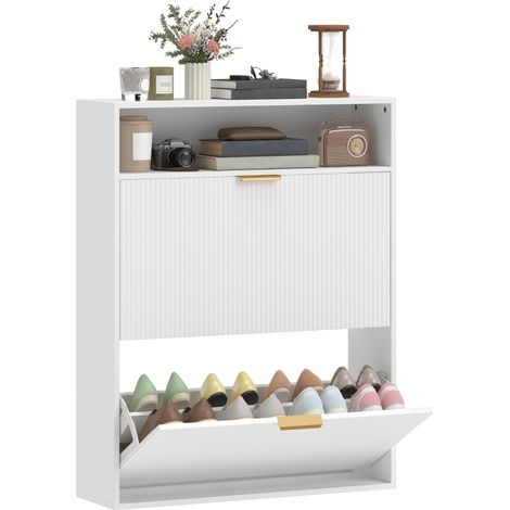 Armoire à chaussures étroite avec 2 compartiments pliants et surface de rangement pour hall d'entrée, couleur blanche (1/5)