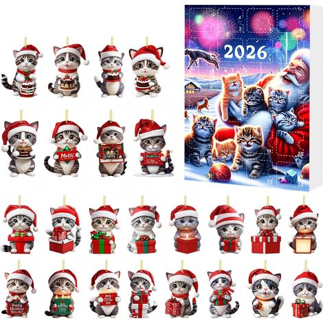 Calendrier de l'Avènement des Chats de Noël, Boîte Surprise, Ornement Chat en Acrylique, Décoration de Sapin de Noël, Coffret Cadeau, Style E (1/2)