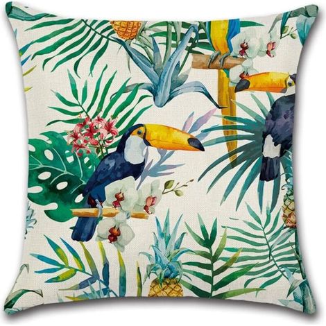 Lot de 4 housses de coussin décoratives d'extérieur imperméables, motif plantes tropicales, fleurs, oiseaux, pour canapé, terrasse, jardin, salon, chambre à coucher, décoration 45 x 45 cm (1/4)