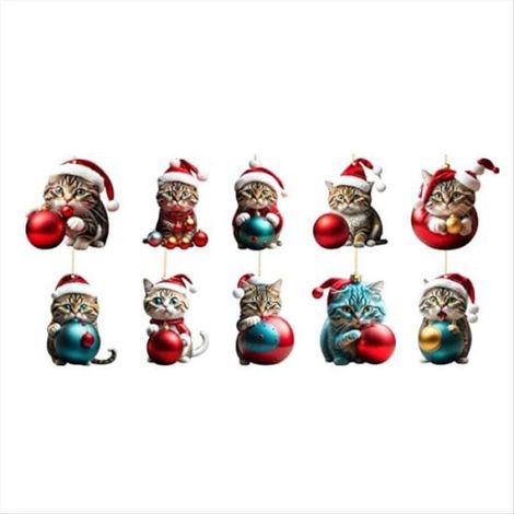 10 Ornements de Noël, Chat drôle, Acrylique léger, Suspension arbre fenêtre porte, Cadeau fête famille amis (1/5)