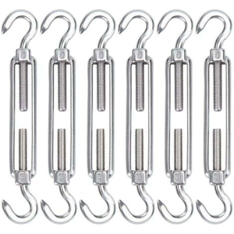 Tenditore per cavi in ​​acciaio inossidabile M5, confezione da 6 ganci e ganci per tenditore in filo metallico, ganci e ganci regolabili per carichi pesanti per stendibiancheria con cavo, rete metalli (1/4)