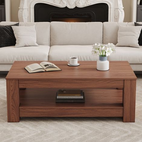 Table basse 2 niveaux aspect noyer, structure MDF, meuble pratique salon chambre bureau 100x50x44,5cm (1/5)