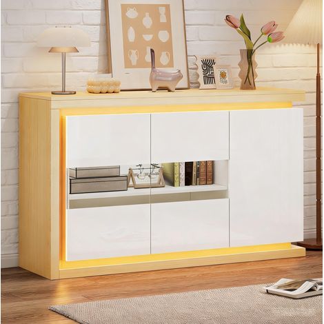 Credenza 140x40x84 cm bianco in truciolare con ante in vetro temperato, LED e ripiani regolabili (1/5)