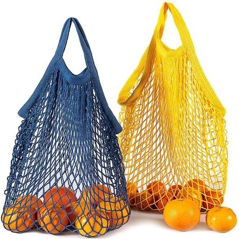Deux sacs de courses en filet de coton avec poignées courtes, sacs de plage pliables, adaptés au transport de légumes et de course (1/5)
