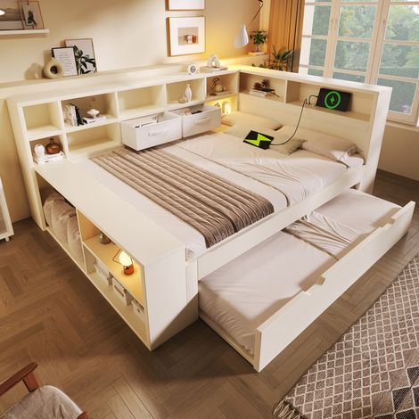 Lit coffre blanc 140x200 cm en bois pour enfant, lit gigogne, 8 compartiments de rangement, ports USB/Type-C, lit double gain de place (sans matelas) (1/5)
