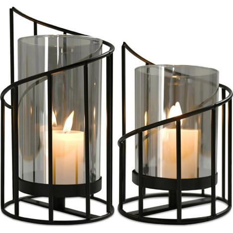 Photophore En Verre - Lot De 2 Lanternes Métal Noir - Pour Décoration Intérieure Et Extérieure - 11 X 16 Cm Et 11 X 22 Cm (1/5)