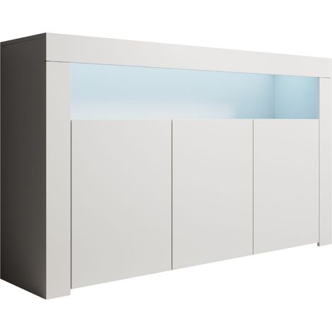 Sideboard Modern mit LED  Küchenschrank  Kommode  Wohnzimmerschrank  3 Türen  Aufbewarungsschrank  Buffet  Esszimmer  155x91x37cm  Modell Aker  Weiss Matt